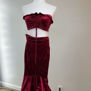 Two piece velvet red skirt and crop top